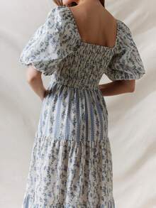 Women's Boho Floral Print Summer Dresses Square Neck Puff Sleeve A Line Long Dress Smocked Casual Maxi Dress Y2K Ruffle Tiered Beach Dresses - Màu xanh lam - Xem 9