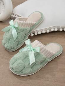 New Autumn/Winter Fluffy Thermal Slippers For Women, Bowknot Closed Toe Indoor Home Warm Slippers - Green - View 3
