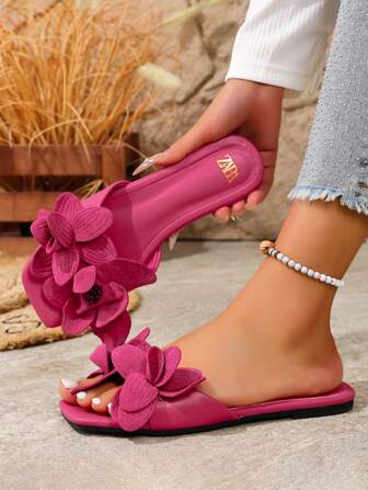 1 Pair Women Flower Print Flat Sandals, Cute Embellished Slip On Beach Party & Casual Wear Flat Shoes, Suitable For Summer & Spring/Autumn