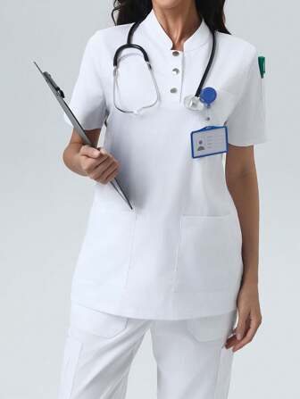 Bata de médico y enfermera de color liso con mangas cortas, dos bolsillos, bata quirúrgica para dentistas, laboratorios, enfermería y centros veterinarios