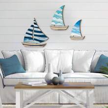 3 Pezzi di Quadri da Parete in Legno con Barca a Vela Blu per Decorazione Casa e Ufficio, Decorazione da Parete Stile Fattoria con Barca a Vela Carina per Casa, Soggiorno, Camera da Letto, Decorazioni Estive per Casa, Spiaggia