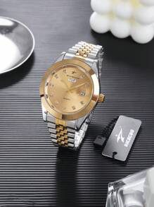 RICECGO RICECGO 1 pieza Reloj de cuarzo clásico para hombre - Estilo de negocio, esfera circular, pantalla de calendario dual, correa de acero inoxidable, movimiento de cuarzo, adecuado para uso diario, regalo ideal para cumpleaños u ocasiones especiales, regalo del Día del Padre