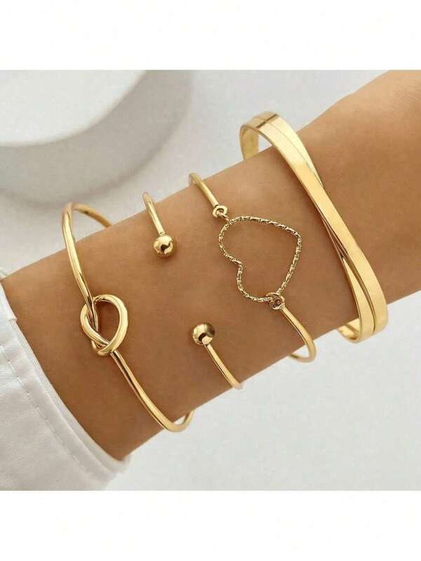 4 peças/conjunto Pulseira fashionable liga de zinco coração & decoração de nó para mulheres para decoração diária