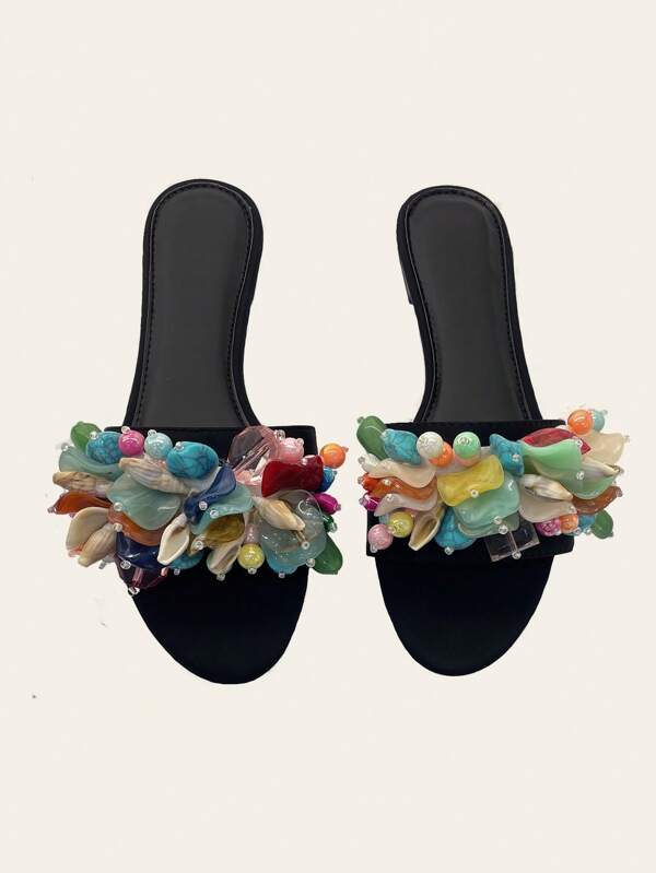 Women's Flat Slip-On Slippers, Bejeweled, Black, Suitable For Summer/Autumn, Holiday, Party, Home, Office, Outdoor