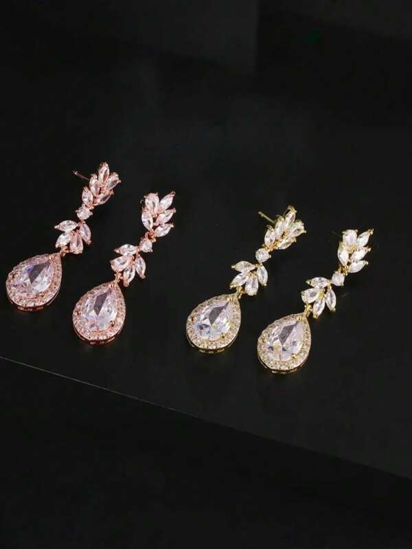2pcs/Set Fully Rhinestone Embedded Geometric Teardrop Cubic Zirconia Dangle Earrings, Women's Formal Dress Accessories