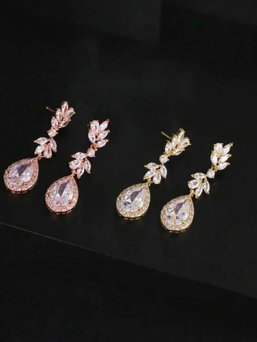 2pcs/Set Fully Rhinestone Embedded Geometric Teardrop Cubic Zirconia Dangle Earrings, Women's Formal Dress Accessories