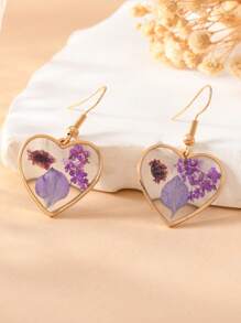 1 Pair Vacation Style Dried Flower, Heart, Cat, Dog, Butterfly, Daisy, Ditsy Floral Earrings In Pink, Yellow, Purple, Blue, Green, Gold Colors For Women, Suitable For Daily Wear
