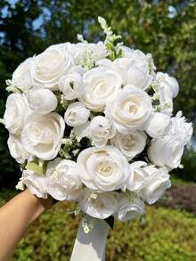 10英寸心形水晶新娘捧花，蕾丝蝴蝶结丝绸玫瑰婚礼仪式道具，毕业舞会礼物