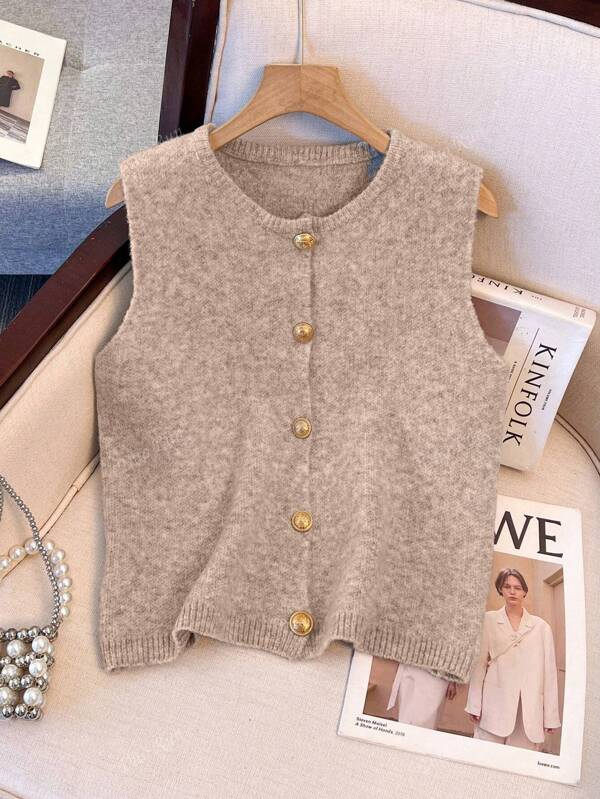 1pc Minimalist Solid Color Soft Gentle Metal Button Decor Knit Vest Cardigan, Versatile Round Neck Fashion Sweater Vest For Women, Autumn/Winter