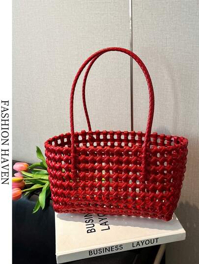 Hollow Straw Beach Bag, Woven Picnic Basket Tote, Women Casual Vacation Handbag