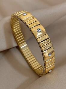 1pc Unique Concave Textured Bracelet Watch Strap Elastic Bracelet For Women Stainless Steel Rhinestone Bracelet Chunky Golden Bracelet For Party Birthday Jewelry Gifts