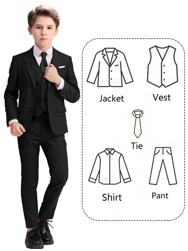 Boys Suits 5-Pieces Suit Set Toddler Tuxedos Dresswear Ring Bearer Outfit Wedding Blazer Vest Pants Shirts Tie Formal Suits For Kids Black Size 4-16Y