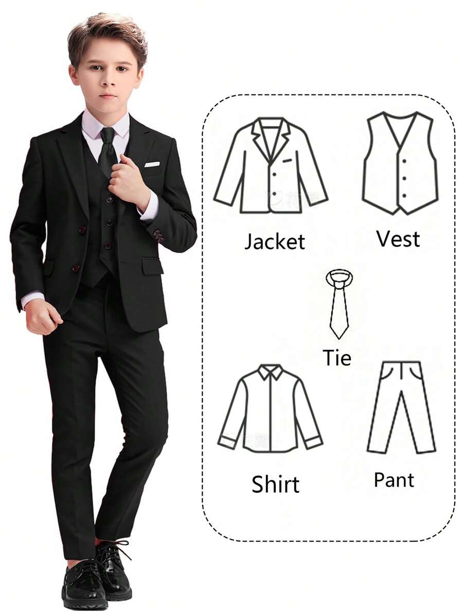 Boys Suits 5-Pieces Suit Set Toddler Tuxedos Dresswear Ring Bearer Outfit Wedding Blazer Vest Pants Shirts Tie Formal Suits For Kids Black Size 4-16Y