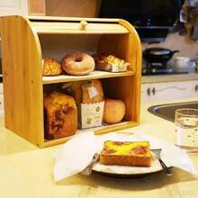 Bread Bin 2 Tiers Double Layer Box Slide Roll Top Food Storage Rack Home Kitchen With A Food Clip - Wood Color - View 11