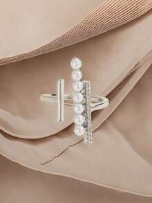 1入春季/專屬設計的高端仿珍珠女士精緻銅微嵌鋯石開口戒指,適合節慶/派對/商務/校園/日常穿著,歐洲風格/ - 銀色 - 查看 8