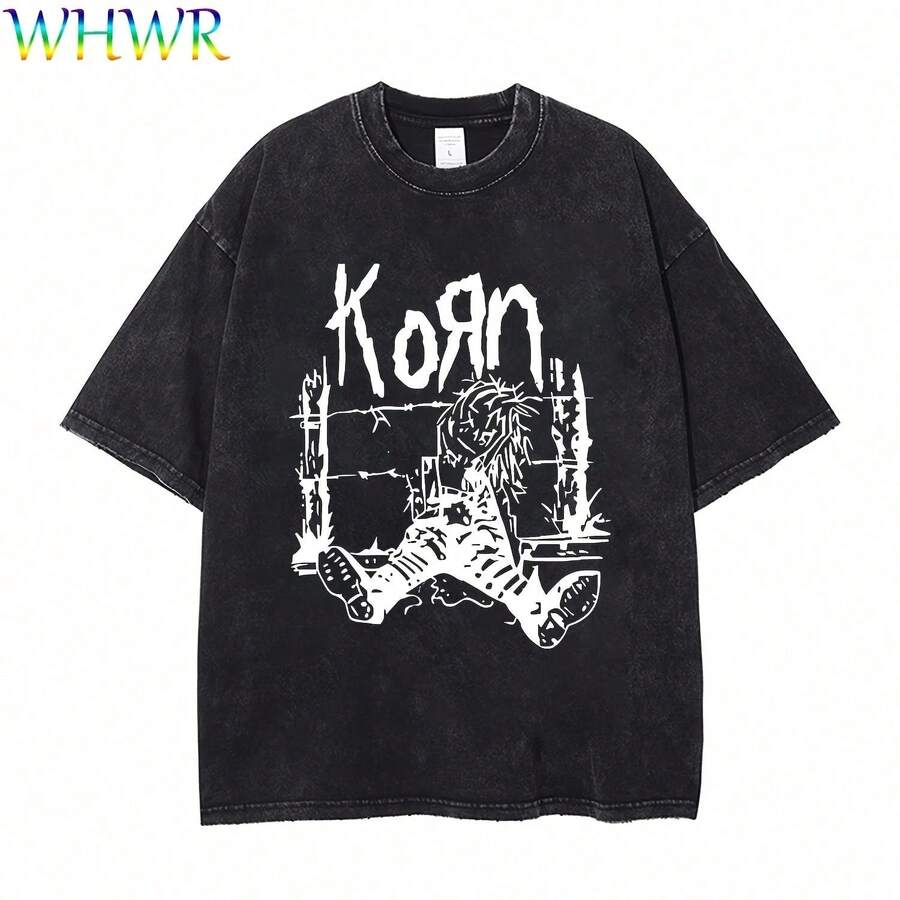 KORN Vintage T-Shirts Rock Band World Tour T-Shirt Korn Washed Retro 100% Cotton O-Neck S Summer Streetwear ShirtsAesthetic Y4207K Style Summer Top, Loose Fitting T-Shirt For Outdoor, Home, Work Or Street Leisure, Soft And Durable Pure Cotton Fabric, Retro And Soft Design, I Gift For , Fashionable And Comfortable Shirt For Travel, Festivals Or Weekends - Black - View 1