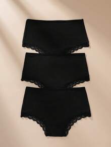 3 Packungen Damen Sexy Spitzen Lippen Muster & Süßer Bär Dekor Bequeme Slips Unterwäsche - Schwarz - Übersicht 2