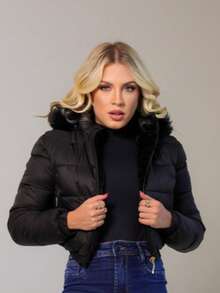 Women's Double-Sided Purffer JacketNylon Plush - Black - View 9