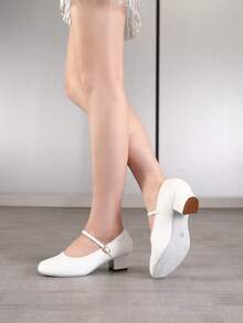 女式白色交谊舞鞋方跟室内舞蹈鞋踝带圆头舞蹈运动鞋 - 白色 - 查看 4