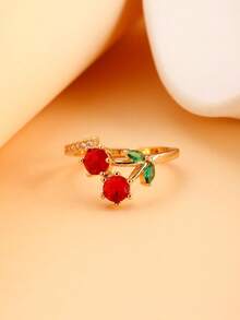 3/2/1pc Cute Metal Green Leaf, Red Cherry, Strawberry Rings, Suitable For Women's Daily/Holiday Wear