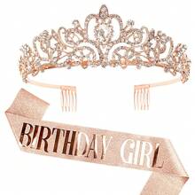 2pcs/Set Baroque Rhinestones Birthday Princess Queen Sash Ribbon Birthday Queen Crown Tiara Rhinestone Birthday Headbands Birthday Sash With Ribbon Pearl Pin Happy Birthday Crown And Sash Ribbon For Birthday Party Ball Decoration Bridal Tiara For 13th 16th 18th, 20th, 30th, 40th, 50th, And 60th 70th 80th Birthdays - Add A Touch Of Elegance To Your Party Decorations Party Supplies Ribbon