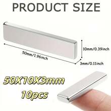 10 pièces Aimants en barres de néodyme 50x10x3 mm, aimants en terre rare de néodyme N35 avec adhésif double face parfait, convenant pour le bureau, le réfrigérateur, la cuisine