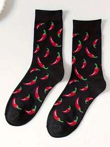1 Pair Women's Fashionable Chili Print Elastic Mid-Calf Socks, Suitable For Sports And Streetwear