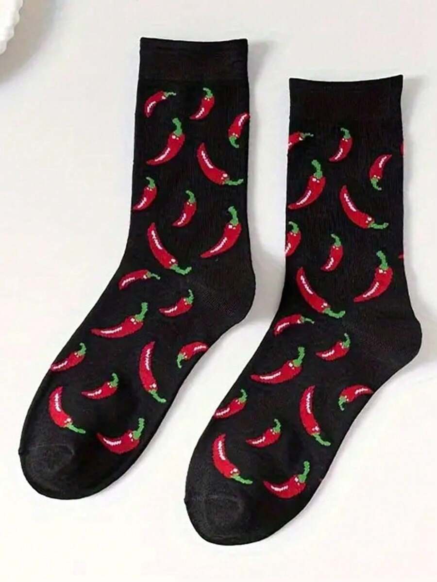 1 Pair Women's Fashionable Chili Print Elastic Mid-Calf Socks, Suitable For Sports And Streetwear