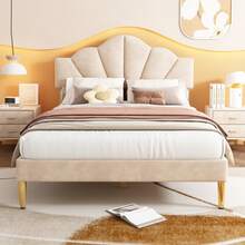 Flieks King Size Bed Frame, 5FT(150 * 200cm) Double Bed, Shell-Like Upholstered Double Bed With Golden Iron Legs & Height-Adjustable Headboard, Wooden Slatted Double Bed Frame - 米色 - 查看 6