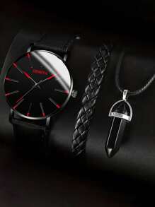 1pc Round Fashion Quartz Watch, 1pc Leather Bracelet, 1pc Necklace Set For Casual Wear