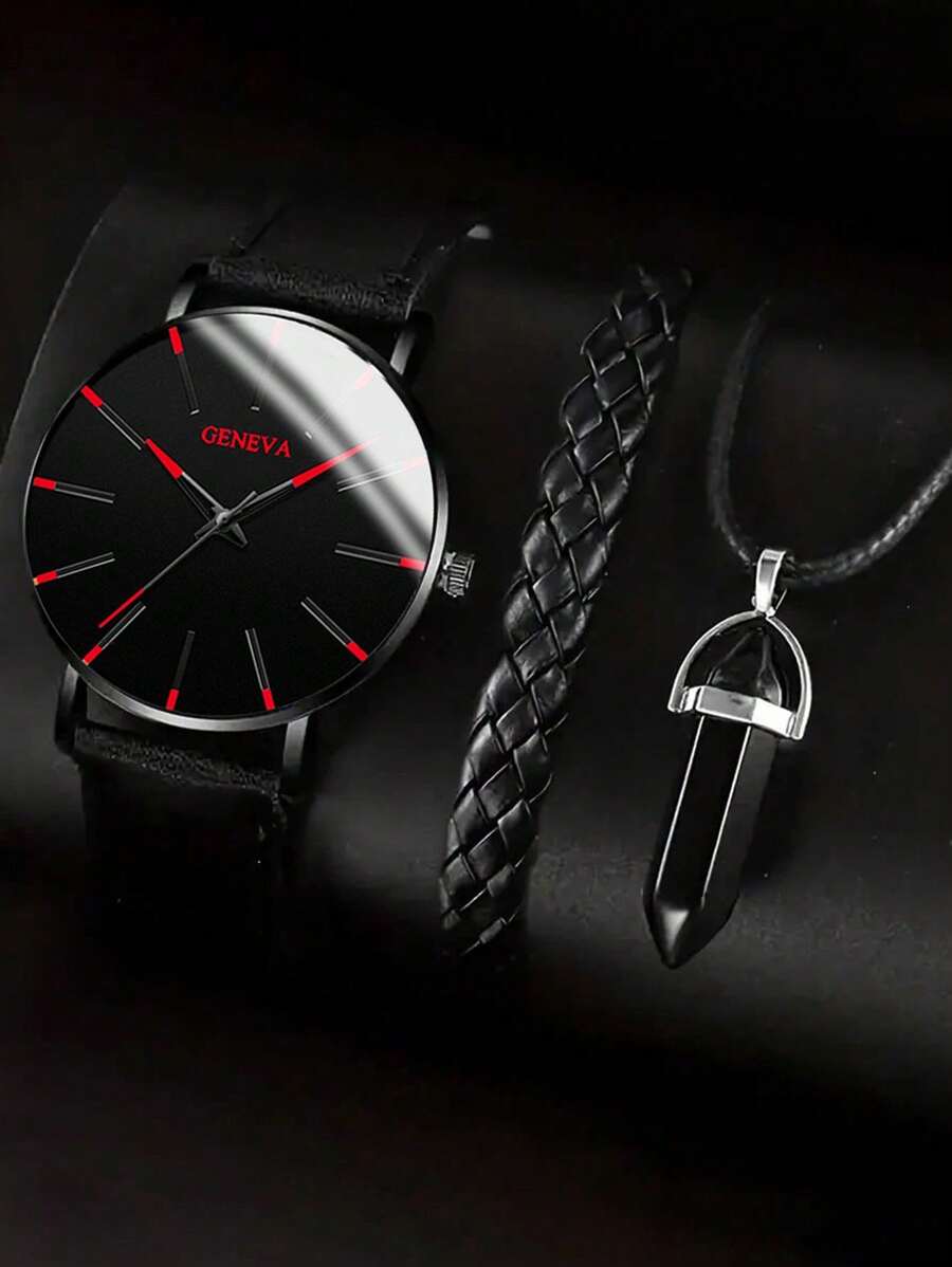 1pc Round Fashion Quartz Watch, 1pc Leather Bracelet, 1pc Necklace Set For Casual Wear