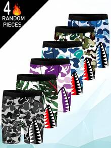 Bộ 4 món ngẫu nhiên gồm quần lót Boxer nam, quần short, quần lót nam, đồ ngủ, miệng in hình cá mập, quần đùi Boxer nam, quần lót nam - Nhiều màu - Xem 1