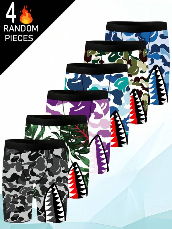 Random 4-Piece Set Of Men's Boxer Underwear, Shorts, Men's Underwear, Pajamas, Shark Print Mouth, Men's Boxer Shorts, Men's Underwear