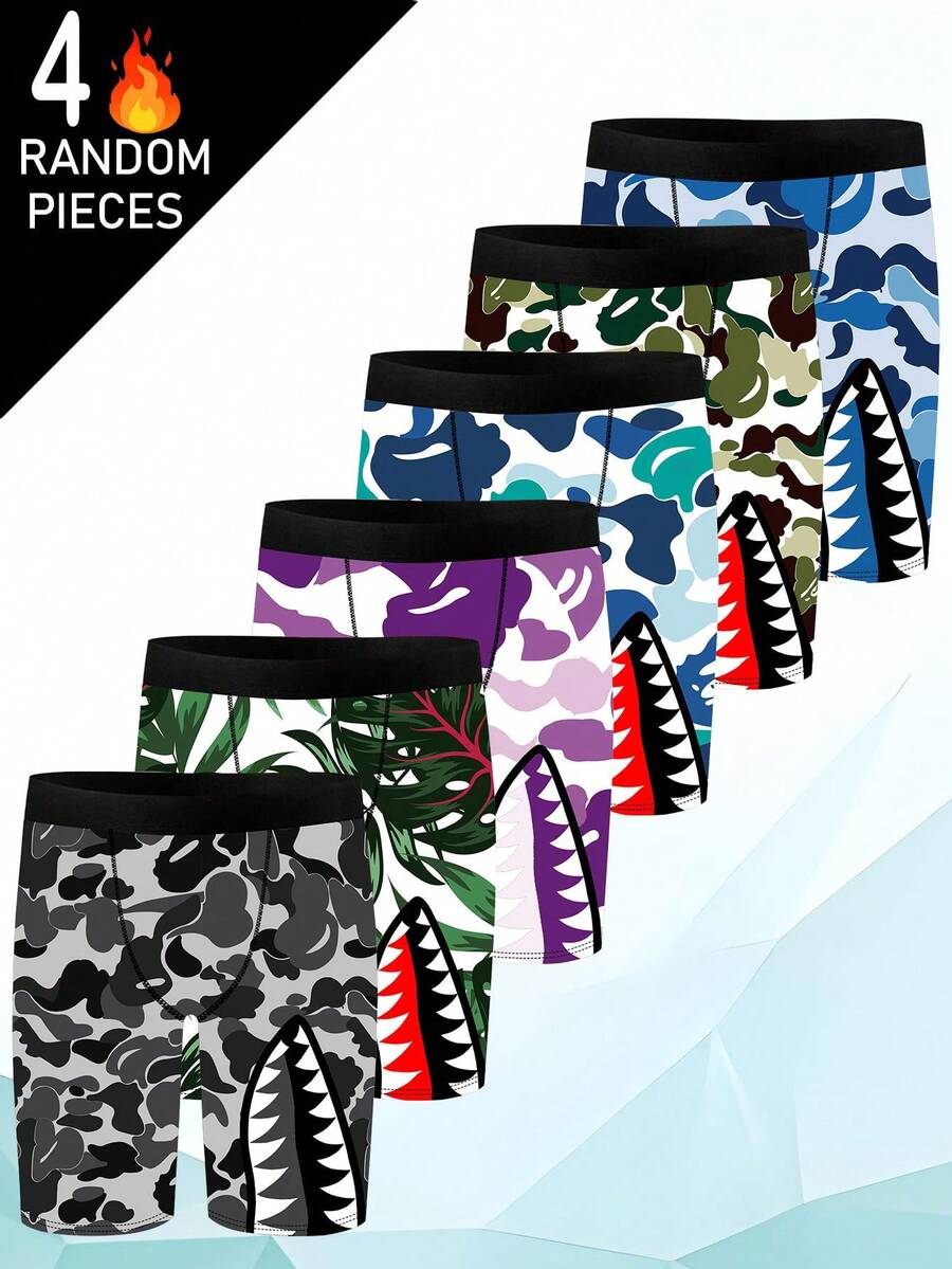 Bộ 4 món ngẫu nhiên gồm quần lót Boxer nam, quần short, quần lót nam, đồ ngủ, miệng in hình cá mập, quần đùi Boxer nam, quần lót nam - Nhiều màu - Xem 1
