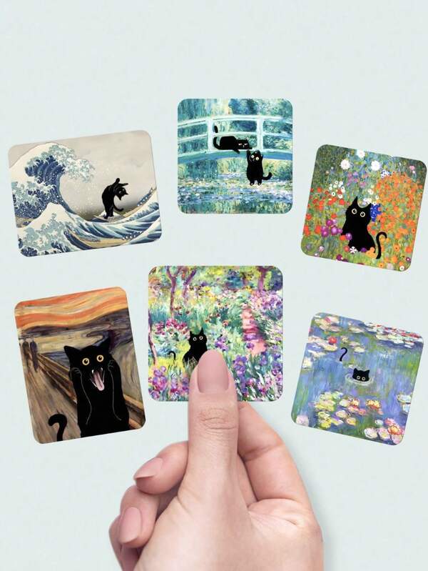 Van Gogh Art Series Refrigerator Magnet, World Famous Painting With Cute Little Black Cat, High End Starry Sky Creative Magnetic Retro Decorative Stickers, Travel Souvenirs, Home Decoration Stickers Best Gifts, Refrigerator Microwave Magnetic Adsorption, Stickers Style Decoration Beautify Kitchen Function Stickers