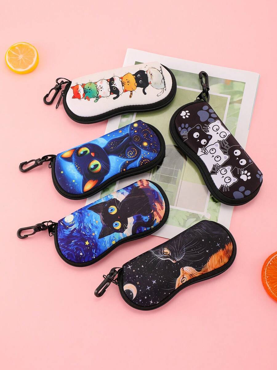 1 pieza Estuche de gafas de moda con estampado de gato negro, estuche de gafas portátil suave, caja de gafas de mujer, bolsa suave de gafas con cremallera y clip - Multicolor - Ver 1