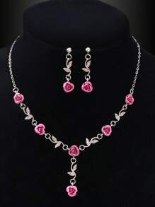 Elegant Anniversary Wedding Jewelry Set Silver Chain Flower Pendant Necklace Dangle Earrings