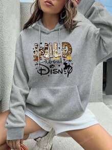 Disney Disney Authorized, Mickey Mouse Cartoon Letter Print Hooded Women's Sportswear, Sweet And Gentle Temperament Slim Fit Comfortable Hooded Sportswear, Suitable For Daily Casual Wear, Women's Hooded Sportswear, Disney Collaboration