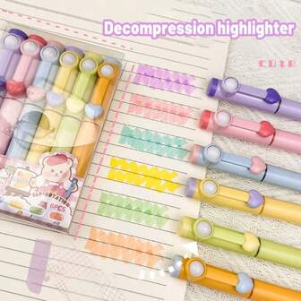 6 Piezas Resaltadores Pastel Cabeza Suave Creativa Set Redondo Vestido Fluorescente Bolígrafo Boceto Notas Clave