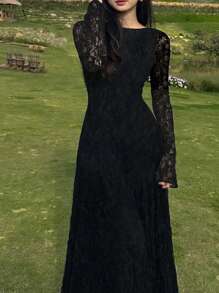 Elegantes Spitzenkleid für Damen, Kleid mit Glockenärmeln, figurbetonter Rückenausschnitt, Rundhalsausschnitt, Spitzenkleid, Herbstmode, Partykleid, sexy transparentes Kleid