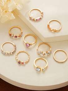 Conjunto de 9 peças (não ajustável) com anéis glamorosos de borboleta, flor, folha e strass para mulheres, perfeito para encontros, férias em resorts, festas de gala e uso diário