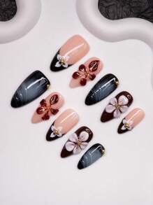 Handmade Almond-Shaped Nail Tips, Y2K Baddie Style, For Spring & Summer, Nude, Blue, Brown Colors With Carved, Rhinestone, Pearl, Steel Bead Elements, 10pcs/Pack 3 Size Options, For Party, Wedding, Daily Wear, Includes Tool Kit, Suitable Gift For Women And Girls