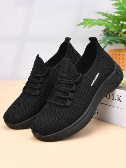 Women's Breathable Casual Shoes, Non-Slip Soft Bottom Comfortable Black Work Shoes, Flat Knitted Solid Color Round Toe Athletic Sneakers, All Season Shoes