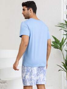 Set de pijamale casual pentru bărbați, top cu mânecă scurtă și pantaloni scurți moi și respirabili, potrivit pentru acasă și exterior, primăvară/vară