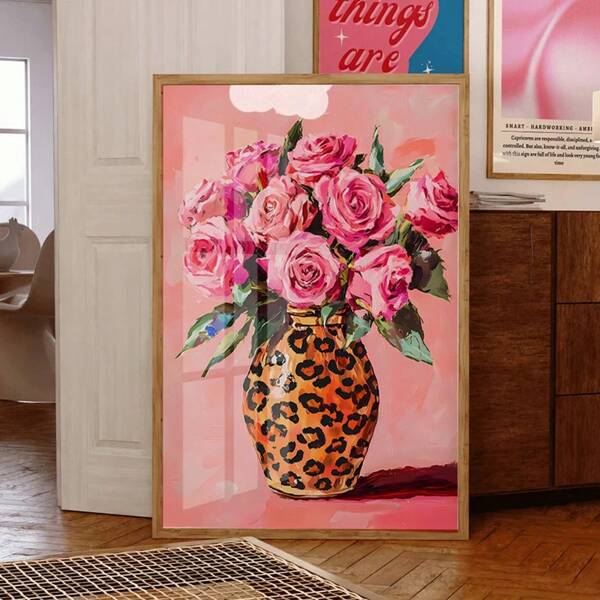 Pintura de florero con estampado de rosas rosas vibrantes, obra de arte floral de moda rosa, arte de rosas y flores de estilo maximalista y moderno, imprimible para pared sin marco