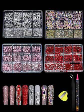 12格多色扁平美甲水钻，不对称形状透明水钻套装，带拾取工具，适用于指甲装饰和配饰