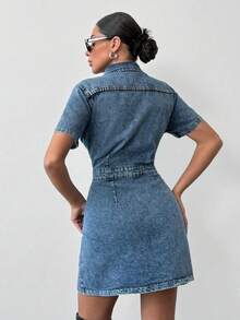 Women's Summer Perfect For Fall Denim Dress A Shape With Pocket Details - Medium Wash - View 3