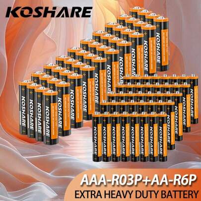 KOSHARE KOSHARE 120 piezas / 80 piezas / 40 piezas Pilas de carbono desechables AA + AAA de 1.5V, voltaje estable, duraderas, alto rendimiento, adecuadas para drones, controles remotos, linternas