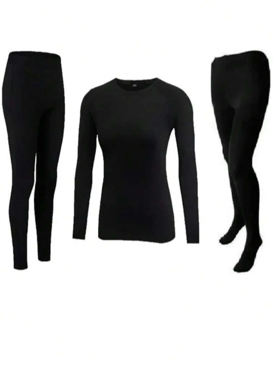 Women's Winter Set Kit Thermal Top Second Skin + Footless Tights - Black - View 1