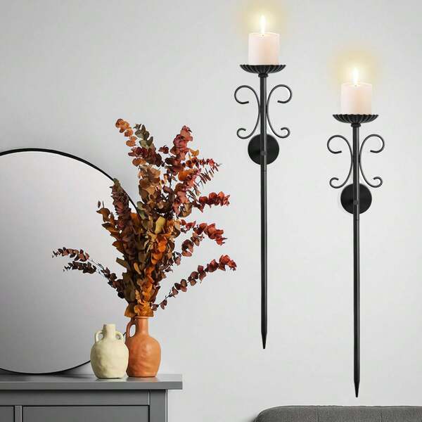 两套优雅大型壁挂式金属烛台，适用于家居装饰，黑色铁质悬挂式烛台